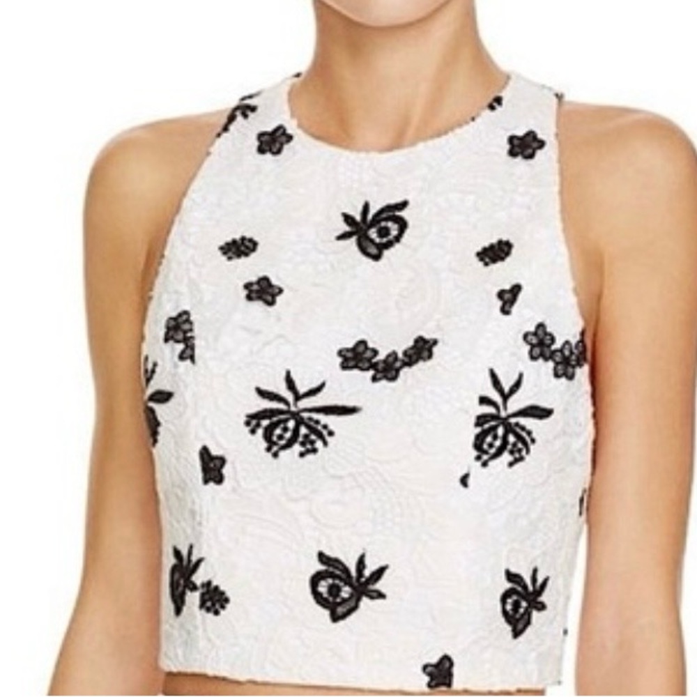 Alice + Olivia White Lace Crop Top with Black Floral Accents